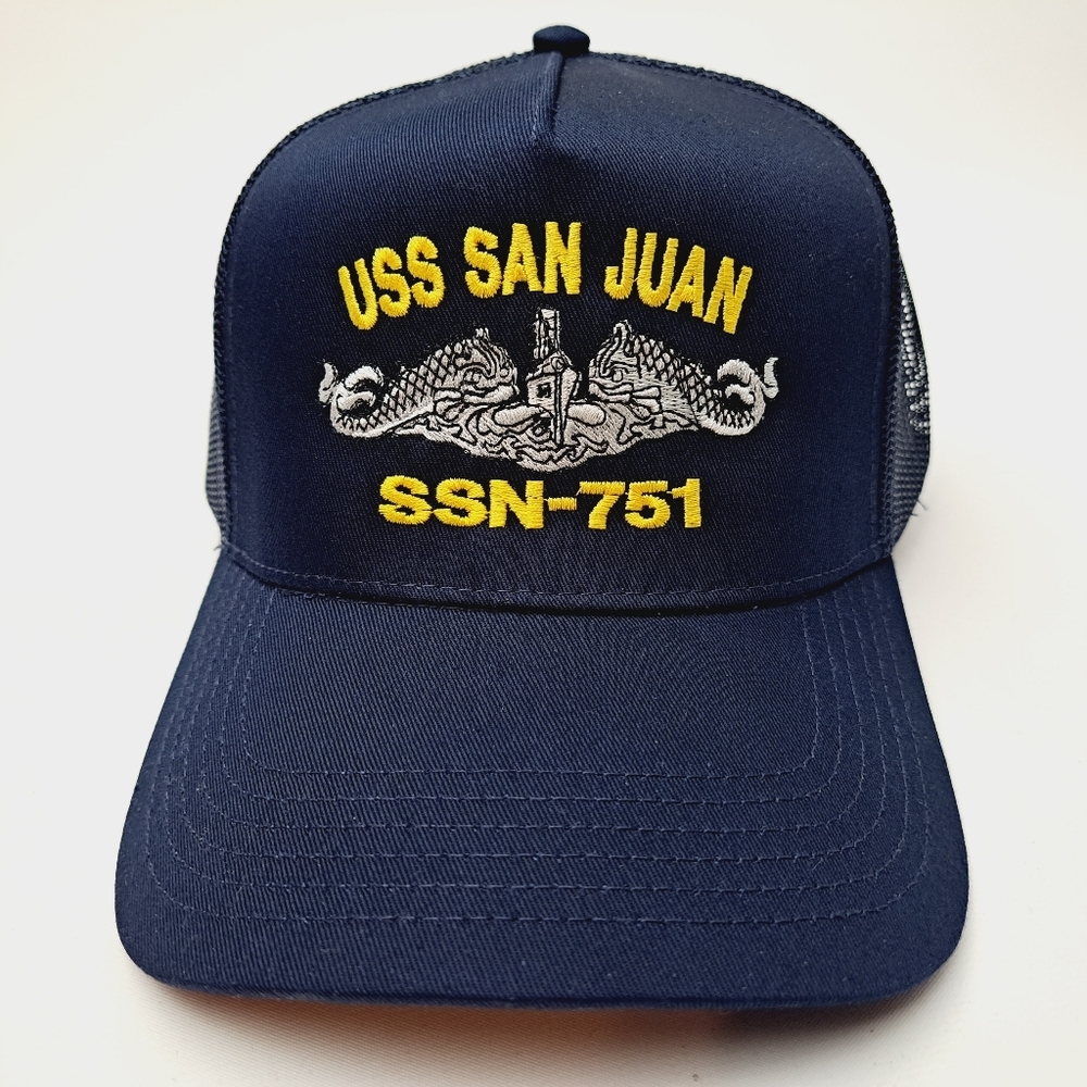 USS San Juan SSN-751 Submarine Service Boat Embroidered Mesh Snapback Cap Hat